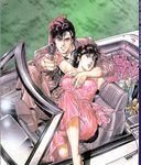  90&#039;s 90's 90s black_hair bouquet breasts brown_eyes car car_seat city_hunter convertible_car dress driving elbow_gloves flower frown gloves gun houjou_tsukasa knee_up large_breasts makimura_kaori motor_vehicle oldschool open_mouth pink_dress pointing python_.357_magnum rose saeba_ryou shadow shoe shoes short_hair spiked_hair teeth turf tuxedo vehicle weapon wheel windshield 