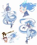  2boys animal_head antlers ao_bing black_hair blue_eyes blue_hair blue_scales blue_shirt blue_tail chinese_clothes chinese_commentary claws double_bun dragon_boy dragon_tail facial_mark fangs forehead_mark full_body fur-tipped_tail hair_bun highres labertry long_hair long_sleeves looking_at_viewer looking_to_the_side male_focus monster_boy multiple_boys ne_zha_(2019_movie) nezha pointy_ears scales shirt short_hair sidelocks simple_background single_hair_bun skin_tight sleeveless tail taur turtleneck white_background wide_sleeves 