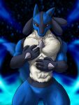  2021 5_fingers absurd_res anthro aura biped blue_body blue_fur blue_tail chibikoma digital_drawing_(artwork) digital_media_(artwork) fingers fur generation_4_pokemon hi_res lucario male muscular muscular_anthro muscular_male nintendo pokemon pokemon_(species) red_eyes solo spikes spikes_(anatomy) tan_body tan_fur video_games 