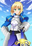  1girl absurdres armor artoria_pendragon_(fate) bangs blonde_hair blue_dress blue_ribbon braid dress fate_(series) french_braid gauntlets green_eyes hair_bun highres holding holding_sword holding_weapon puffy_short_sleeves puffy_sleeves ribbon saber short_sleeves shoutaro_saito solo sword watermark weapon 