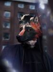  absurd_res anthro bust_portrait canid canine canis clothing detailed_background digital_drawing_(artwork) digital_media_(artwork) fur hi_res horn male mammal orange_eyes portrait red_body red_fur renebe semi-realistic signature smile solo wolf 