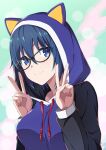  1girl alternate_costume animal_hood azami_masurao bangs black-framed_eyewear black_hoodie blue_eyes blue_hair blue_hoodie breasts ciel_(tsukihime) closed_mouth commentary_request double_v glasses hair_between_eyes highres hood hood_up hoodie long_sleeves looking_at_viewer medium_breasts short_hair smile solo tsukihime tsukihime_(remake) two-tone_hoodie upper_body v 