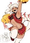  1boy ^_^ absurdres arm_up armpits cheerleader closed_eyes doppel_(bonnypir) dragon_boy highres horns jumping looking_at_viewer male_focus midriff navel open_mouth original otoko_no_ko pointy_ears pom_pom_(cheerleading) ponytail red_eyes red_skirt ruby_(nox) simple_background skirt smile solo_focus sweat tail thighhighs white_background white_hair white_thighhighs 