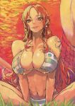  1girl absurdres bikini breasts cleavage collarbone covered_nipples dripping earrings evening grass halterneck hato_hato_hato highres huge_breasts jewelry leaning_forward lips long_hair looking_at_viewer nami_(one_piece) navel one_piece orange_eyes orange_hair orange_sky outdoors parted_lips shoulder_tattoo sitting sky smile solo stomach swimsuit tattoo underboob very_long_hair wet wet_clothes wet_hair wet_swimsuit 