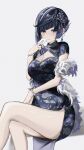  1girl alternate_costume bangs black_dress blue_dress blue_eyes blue_hair bracelet braid breasts card china_dress chinese_clothes cleavage crossed_legs diagonal_bangs dress earrings feet_out_of_frame floral_print flower fur_shawl genshin_impact hair_flower hair_ornament hand_to_own_mouth highres holding holding_card jewelry large_breasts pearl_bracelet playing_card shawl side_slit single_braid solo thighs yelan_(genshin_impact) yusura_xxx 