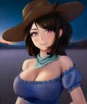  1girl aqua_bandana bare_shoulders black_hair blurry blurry_background breasts brown_headwear cleavage closed_mouth cowboy_hat frilled_sleeves frills hat highres kurokoma_saki large_breasts long_hair looking_at_viewer outdoors red_eyes smile solo touhou upper_body yyf_(seaknight) 