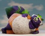  3d_(artwork) anthro belly big_belly black_body black_fur brown_body brown_fur claws cloud dewlap_(anatomy) digital_media_(artwork) fur green_body green_claws green_eyes green_fur green_hair green_pupils hair hand_on_stomach ian-exe ian_(ian-exe) looking_at_viewer lying male mammal multicolored_body multicolored_fur obese obese_male on_side overweight overweight_male pose procyonid pupils purple_claws raccoon smile smirk smirking_at_viewer solo teeth thick_thighs toe_claws two_tone_body two_tone_fur two_tone_tail whiskers 
