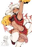  1boy absurdres arm_up armpits cheerleader closed_eyes closed_mouth doppel_(bonnypir) dragon_boy highres horns jumping large_penis large_testicles looking_to_the_side male_focus midriff navel nervous_smile original otoko_no_ko penis pointy_ears pom_pom_(cheerleading) ponytail red_eyes red_skirt ruby_(nox) simple_background skirt smile solo_focus sweat tail testicles thighhighs u_u wavy_mouth white_background white_hair white_thighhighs 