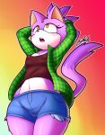  2018 :o anthro biffalo blaze_the_cat bottomwear breasts clothed clothing cutoffs daisy_dukes denim denim_clothing digital_media_(artwork) dipstick_tail domestic_cat felid feline felis female forehead_gem fur hair hands_above_head hi_res hotpants looking_aside looking_up mammal markings multicolored_body multicolored_fur multicolored_tail navel nipple_outline open_clothing open_mouth open_shirt open_topwear partially_clothed ponytail purple_body purple_fur sega shirt shorts signature simple_background small_breasts solo sonic_the_hedgehog_(series) tail_markings thick_thighs topwear two_tone_body two_tone_fur white_body white_fur yellow_eyes 