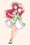 1girl blue_eyes blush_stickers braid china_dress chinese_clothes cleavage_cutout clothing_cutout dreamysuite dress green_dress highres hong_meiling long_hair official_alternate_costume red_hair skirt touhou twin_braids white_skirt 