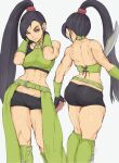  1girl abs back biceps black_hair dragon_quest dragon_quest_xi highres long_hair looking_at_viewer martina_(dq11) multiple_views muscular muscular_female naginata navel polearm ponytail short_shorts shorts simple_background stomach toned turnaround waist_cape weapon white_background yoracrab 