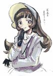  1girl aged_up alternate_eye_color alternate_hair_color bangs black_gloves blue_pupils blush_stickers bonnet brown_eyes brown_hair closed_mouth eyelashes gloves hand_up jewelry katahara_(no_108105) long_hair long_sleeves looking_to_the_side necklace pokemon pokemon_(game) pokemon_sv poppy_(pokemon) simple_background smile solo translation_request white_background 