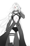  absurdres armor black_choker blood blood_on_face chinese_commentary choker final_fantasy final_fantasy_vii genderswap green_eyes greyscale highres long_coat long_hair monochrome pauldrons sephiroth shoulder_armor slit_pupils xianyu314 