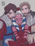  1girl 2boys ahsoka_tano anakin_skywalker animification beard closed_eyes facial_hair grey_background highres mole mole_under_eye multiple_boys obi-wan_kenobi scar scar_across_eye simple_background smile star_wars star_wars:_the_clone_wars tentacle_hair urako_(iamurako) 