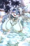  anthro bathing big_breasts blush breasts canid canine canis chest_tuft digital_media_(artwork) female female_anthro fur grey_body grey_fur hair hi_res hot_spring inverted_nipples kemono long_hair looking_at_viewer mammal nipples nude okami_bark ookamiwaho open_mouth outside partially_submerged pubes smile solo teeth tongue tuft water wet white_body white_fur white_hair wolf 