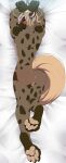  absurd_res anonymous_artist anthro anus arms_tied balls bdsm bed_sheet bedding blonde_hair blush bound brown_body brown_fur butt dakimakura_design dimitri_(hyena) dreadlocks ear_piercing facial_tattoo feet fur genitals hair hi_res hyaenid looking_at_viewer looking_back looking_pleasured lying male mammal nails on_front pawpads paws perineum piercing raised_tail red_eyes solo spots spotted_body spotted_fur spotted_hyena tattoo 