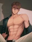  1boy abs absurdres bare_pectorals blue_shirt collarbone cowboy_shot glasses grey_pants highres jujutsu_kaisen male_focus muscular muscular_male nanami_kento nthndn pants pectorals shirt short_hair sitting solo spread_legs undressing 