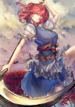  1girl absurdres asllapistone blue_dress breasts cloud coin dress flower hair_bobbles hair_ornament highres holding holding_scythe looking_at_viewer obi onozuka_komachi outdoors parted_lips red_eyes red_flower red_hair sash scythe short_hair short_sleeves solo spider_lily touhou two_side_up 