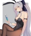  1girl alternate_costume animal_ears bangs bare_shoulders black_bow black_choker black_leotard blue_eyes bow braid breasts brown_pantyhose choker cleavage collarbone commentary_request covered_navel crossed_legs cup drink fake_animal_ears fate/grand_order fate_(series) french_braid grey_hair hair_between_eyes hair_bow highres holding holding_cup leotard long_hair looking_at_viewer medium_breasts morgan_le_fay_(fate) pantyhose playboy_bunny ponytail rabbit_ears sidelocks sitting sleeveless solo strapless strapless_leotard thighs ura_illust very_long_hair wrist_cuffs 