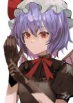  1girl 8901maru bat_wings bow gloves highres purple_hair red_bow red_eyes red_gloves remilia_scarlet shirt simple_background solo touhou white_background wings 