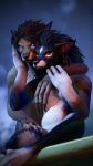  2022 3d_(artwork) 3dsmax 9:16 absurd_res anthro arm_grab black_body black_fur black_hair black_nose blizzard_entertainment blue_eyes brown_body brown_fur canid convenient_censorship destiney_crawford_(thatworgen) digital_media_(artwork) duo female fur hair hand_on_head hand_on_leg hi_res mammal nude orange_eyes tasteful_nudity text thatworgen url video_games warcraft watermark were werecanid white_body white_fur worgen 