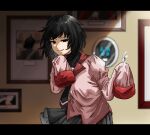  1girl araragi_koyomi bangs black_hair black_necktie black_skirt black_undershirt blue_butterfly bob_cut breasts bug butterfly commentary fishbowl_meguri glass_shards grin hair_strand hand_on_own_chin holding letterboxed looking_at_viewer messy_hair monogatari_(series) naoetsu_high_school_uniform necktie oshino_ougi picture_frame pixel_art pleated_skirt school_uniform shaded_face short_hair silhouette skirt sleeves_past_fingers sleeves_past_wrists small_breasts smile smug solo swallowtail_butterfly turtleneck upper_body w_arms 