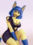  2022 absurd_res animal_crossing ankha_(animal_crossing) anthro black_clothing blue_body blue_fur blue_hair bra breasts brown_eyes brown_nose clothing demongirl_demoness digital_drawing_(artwork) digital_media_(artwork) domestic_cat felid feline felis female fur hair hand_on_leg hi_res mammal multicolored_body multicolored_fur nintendo shaded simple_background solo two_tone_body two_tone_fur underwear video_games yellow_body yellow_fur 