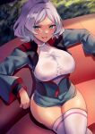  1girl breasts character_request couch crossed_legs green_eyes gundam gundam_suisei_no_majo highres large_breasts lasts long_sleeves mobile_suit_gundam on_couch open_mouth secelia_dote smile solo thick_thighs thighhighs thighs white_hair white_thighhighs 