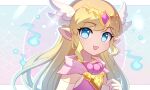  1girl bangs blonde_hair blue_eyes blue_fire elbow_gloves enni fire gloves highres jewelry long_hair looking_at_viewer necklace open_mouth pointy_ears princess_zelda smile solo the_legend_of_zelda the_legend_of_zelda:_spirit_tracks white_gloves wing_hair_ornament 