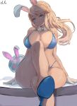  1girl animal_ears bangs bare_shoulders bikini blonde_hair blue_bikini breasts cleavage collar commentary crossed_legs fake_animal_ears gloves high_heels highres large_breasts long_hair metroid metroid_(classic) metroid_(creature) mirai_hikari parted_lips ponytail rabbit_ears samus_aran sidelocks simple_background sitting solo swept_bangs swimsuit thick_thighs thighs watermark white_background white_collar white_gloves 