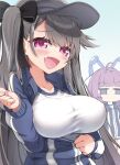  2girls :d ahoge alternate_costume anger_vein animal_ears azur_lane bangs black_hair black_ribbon blue_buruma blue_eyes blue_jacket blunt_bangs blush breast_envy breasts buruma collarbone commentary_request cowboy_shot fake_animal_ears fang flat_chest gym_shirt gym_uniform hair_ribbon hand_up hat highres inconvenient_breasts jacket jitome large_breasts long_hair long_sleeves mikage_(shibi) multiple_girls one_side_up open_mouth pamiat_merkuria_(azur_lane) purple_eyes purple_hair ribbon shirt sidelocks skin_fang smile smug standing sweat tashkent_(azur_lane) taut_clothes taut_shirt track_jacket visor_cap white_shirt zipper zipping 