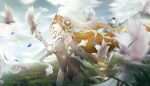  1girl :d absurdres animal bangs bianka_durandal_ataegina bianka_durandal_ataegina_(palatinus_equinox) bird blonde_hair blue_eyes blue_sky blurry blurry_background breasts cloud cloudy_sky commentary covered_navel day depth_of_field english_commentary gauntlets grass hair_between_eyes highres honkai_(series) honkai_impact_3rd large_breasts leotard long_hair looking_away onshigou outdoors see-through sky smile solo veil very_long_hair white_leotard 