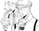  1boy 96gomaice alcohol anger_vein beer beer_mug blush bubble_tea cup dango disposable_cup drinking drinking_straw eating food glasses greyscale highres holding holding_cup holding_food jujutsu_kaisen male_focus monochrome mug nanami_kento necktie open_mouth pinstripe_pattern pinstripe_shirt shirt short_hair solo striped suspenders wagashi 