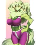  2022 5_fingers amur anthro breasts canid canine canis clothed clothing digital_media_(artwork) domestic_dog eyebrows eyelashes female fingers fur green_body green_eyes green_fur green_hair hair hi_res mammal smile 