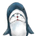  1:1 2019 blue_body blue_fur clothing costume domestic_cat doraemon doraemon_(character) felid feline felis feral fish front_view fur machine male mammal marine mt_tg open_mouth red_nose robot shaded shark simple_background solo teeth whiskers white_background white_body white_fur 