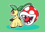  absurdres crossover fukidashi_cotton green_background highres mario_(series) mawile no_humans open_mouth outline piranha_plant pokemon pokemon_(creature) red_eyes sharp_teeth teeth tongue 