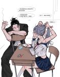  1boy 1girl adjusting_hair black_hair black_jacket black_pants candy cigarette cigarette_pack crop_top elbow_rest extra_arms food gakuran genderswap genderswap_(mtf) getou_suguru_(kenjaku) grey_hair hair_bun highres holding holding_cigarette holding_phone jacket jujutsu_kaisen lighter lollipop long_hair looking_at_another mahito_(jujutsu_kaisen) medium_hair messy_hair open_clothes pants phone school_uniform serafuku sitting sitting_backwards skirt smile smoke stitched_face stitched_neck stitches table translated wengwengchim white_background 