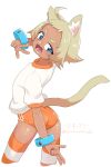  +_+ 1girl :d animal_ear_fluff animal_ears blue_eyes buruma cat_ears cat_girl cat_tail commentary_request cropped_legs double_v gym_shirt gym_uniform highres light_brown_hair looking_at_viewer looking_back orange_buruma original owasaki puffy_short_sleeves puffy_sleeves shirt short_eyebrows short_hair short_sleeves simple_background smile solo striped striped_thighhighs tail thick_eyebrows thighhighs twitter_username v v-shaped_eyebrows white_background white_shirt 