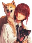  1girl animal animal_on_back bangs black_necktie braid braided_ponytail chainsaw_man collared_shirt dog highres looking_at_viewer makima_(chainsaw_man) medium_hair necktie niroxin open_mouth orange_eyes red_hair shaded_face shiba_inu shirt sidelocks simple_background solo_focus tongue tongue_out white_background white_shirt 