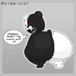  1:1 2022 ambiguous_gender anthro axoarts big_butt biped black_body black_eyes butt dialogue english_text grey_background huge_butt looking_at_viewer looking_back looking_back_at_viewer mammal monokuma multicolored_body presenting presenting_hindquarters red_eyes sharp_teeth short_stack simple_background solo speech_bubble talking_to_viewer teeth text thick_thighs two_tone_body ursid white_body 