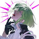  1boy androgynous ascot black_gloves black_jacket bob_cut earrings gloves green_hair hair_between_eyes half_gloves highres jacket jewelry kuku_(kuza0112) lio_fotia looking_at_viewer lower_teeth male_focus open_mouth portrait promare purple_eyes short_hair solo teeth tongue tongue_out upper_body upper_teeth white_ascot white_background 