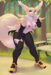  absurd_res anthro areola bandai_namco breasts canid canine clothing digimon digimon_(species) female footwear fur genitals hi_res looking_at_viewer mammal monian nipples nude pussy renamon shoes solo tuft white_body white_fur yellow_body yellow_fur 