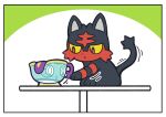  :&lt; absurdres border cat colored_sclera fukidashi_cotton highres litten motion_lines no_humans pokemon pokemon_(creature) red_eyes sinistea table tail white_border yellow_sclera 