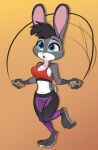  2022 absurd_res anthro black_hair bodily_fluids breasts cleavage clothed clothing disney fan_character female fur green_eyes grey_body grey_fur hair hi_res jump_rope lagomorph leporid mammal midriff multicolored_body multicolored_fur open_mouth rabbit simple_background siroc solo sweat teresa_hopps_(siroc) two_tone_body two_tone_fur white_body white_fur zootopia 