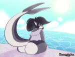  anthro big_butt blush breasts butt cheesybulka clothing digital_media_(artwork) female fish hair looking_at_viewer marine ponytail shalvi shark shark_week_2022 simple_background smile solo swimwear thick_thighs 