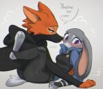  2022 anthro blush canid canine clothed clothing diane_foxington digital_media_(artwork) disney dreamworks duo english_text feet female fingers fox fur grey_body grey_fur hyilpi judy_hopps lagomorph leporid looking_down mammal orange_body orange_fur police police_uniform purple_eyes rabbit simple_background sitting text the_bad_guys toes uniform zootopia 