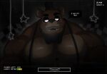  2022 anthro biceps big_muscles body_hair bow_tie brown_body brown_fur camera_view chest_hair clothing dark dialogue digital_media_(artwork) english_text five_nights_at_freddy&#039;s flufflecraft freddy_(fnaf) fur hairy hat headgear headwear hi_res huge_muscles inside male mammal muscular muscular_anthro muscular_male open_mouth open_smile pecs scottgames security_camera smile solo speech_bubble suspenders tan_body tan_fur teeth text top_hat ursid video_games 