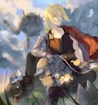  2boys ahoge alpaca_carlesi alphonse_elric armor bangs belt bird bird_on_hand black_footwear black_pants black_shirt blonde_hair blurry blurry_foreground braid brothers brown_belt cat cloud cloudy_sky edward_elric facing_away full_body fullmetal_alchemist grass hair_over_shoulder helmet holding holding_helmet jacket jacket_on_shoulders long_hair looking_at_viewer male_focus mechanical_arms multiple_boys multiple_cats outdoors pants parted_bangs plate_armor prosthesis prosthetic_arm red_jacket shirt siblings single_braid single_mechanical_arm sitting sky sleeveless sleeveless_shirt tank_top toned toned_male yellow_eyes 