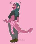  anthro babs_(gvh) beauty_mark clothed clothing dinosaur dreadlocks eyes_closed female goodbye_volcano_high green_hair hair hi_res long_hair looking_back multicolored_body open_mouth purple_body raidak5 rear_view reptile scalie simple_background smile smiling_at_viewer snoot_game_(fan_game) solo spiked_tail spikes spikes_(anatomy) two_tone_body video_games 