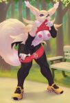  absurd_res anthro areola bandai_namco breasts canid canine clothed clothing digimon digimon_(species) female footwear fur genitals hi_res looking_at_viewer mammal monian nipples pussy renamon shoes solo tuft white_body white_fur yellow_body yellow_fur 